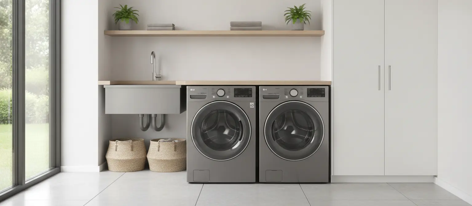 LG washer and dryer side by side in a bright laundry room