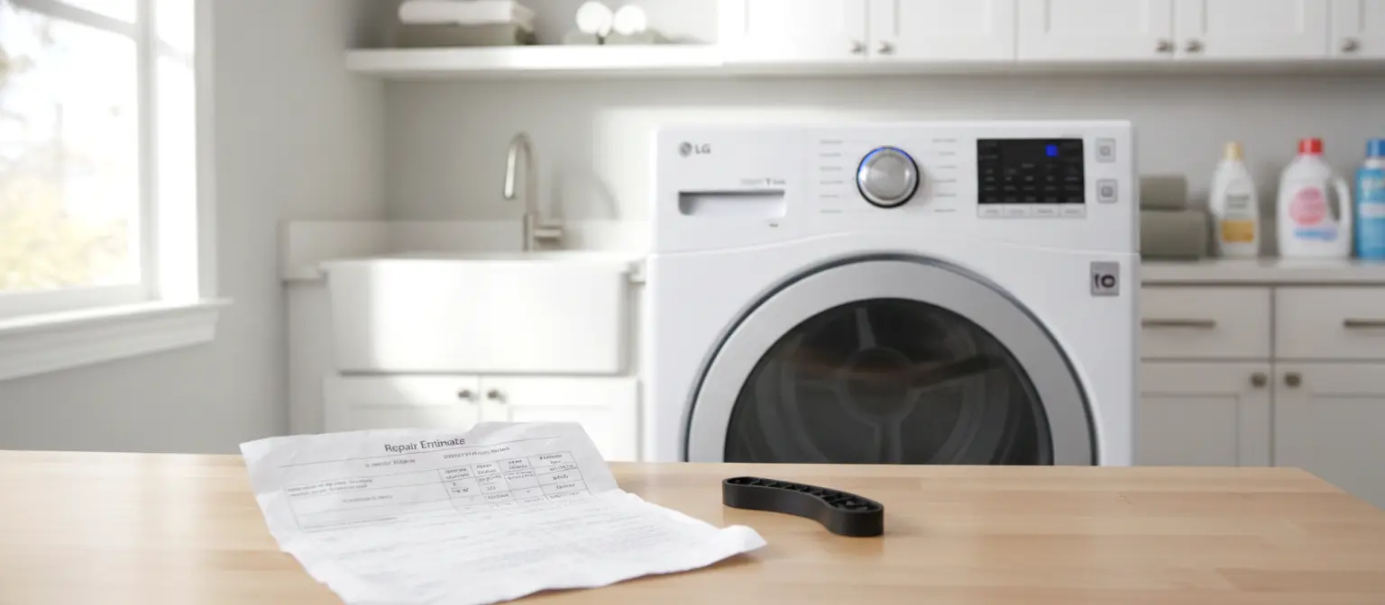 LG dryer with a printed repair estimate and a spare part