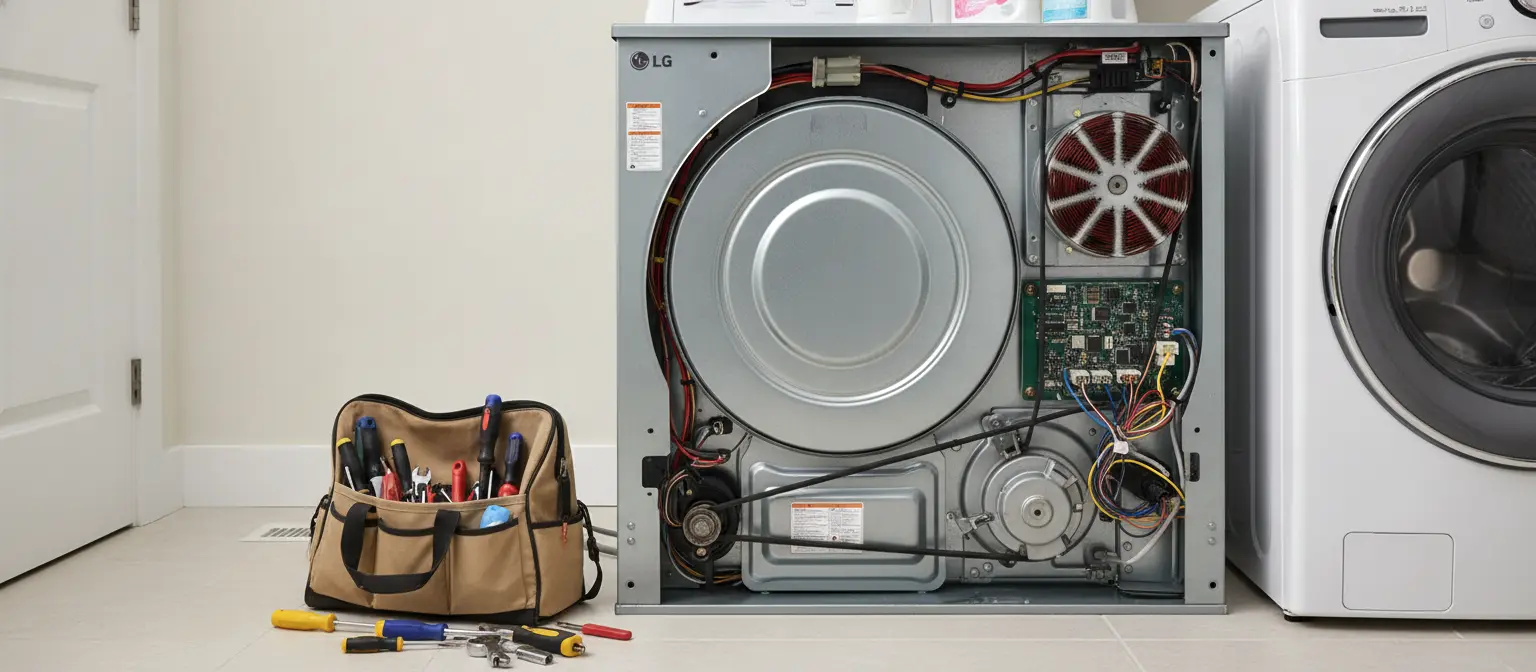 LG dryer with the rear panel removed showing internal components