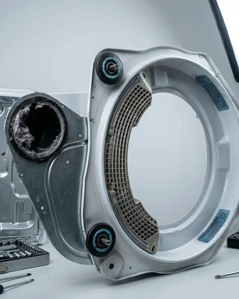 Cracked LG dryer drum weld seam from overloading