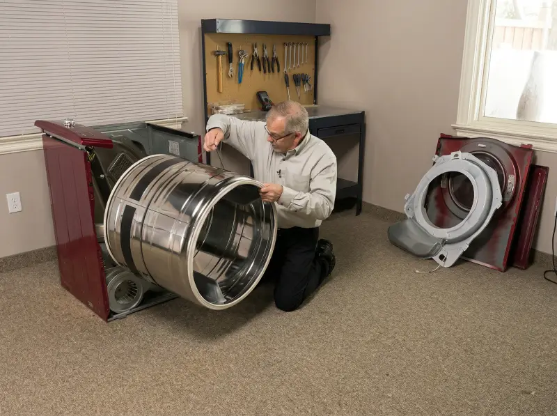 Technician holding removed LG dryer drum — full access to roller assemblies