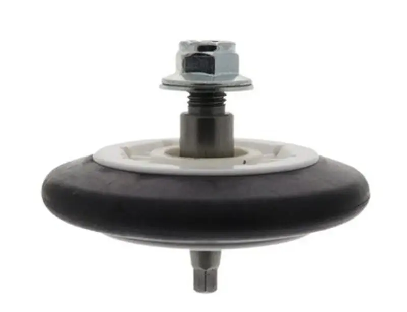 OEM LG dryer drum roller — yellow plastic wheel with metal axle