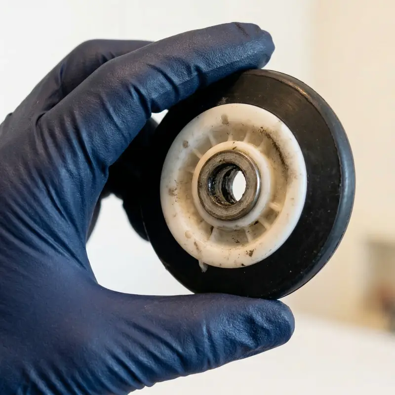 Worn LG dryer drum roller — flat surface and cracked rubber from extended use