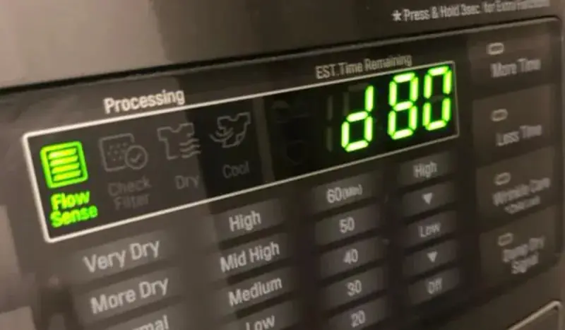 LG dryer display showing d80 error code — airflow restriction warning