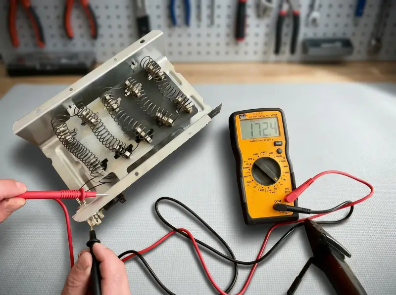 Technician testing LG dryer heating element with multimeter