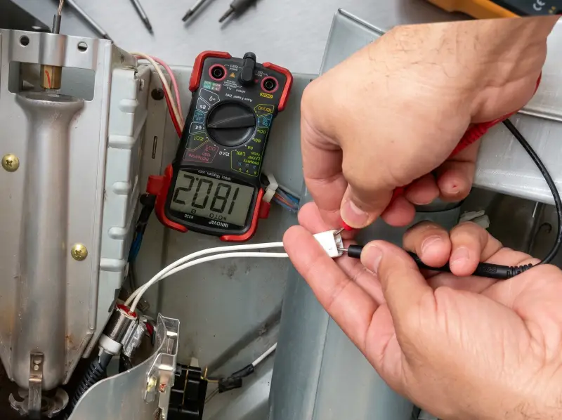 Technician testing LG gas dryer igniter with multimeter for continuity