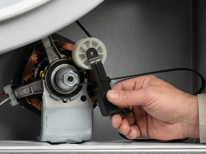 Technician checking LG dryer idler pulley by hand during diagnosis
