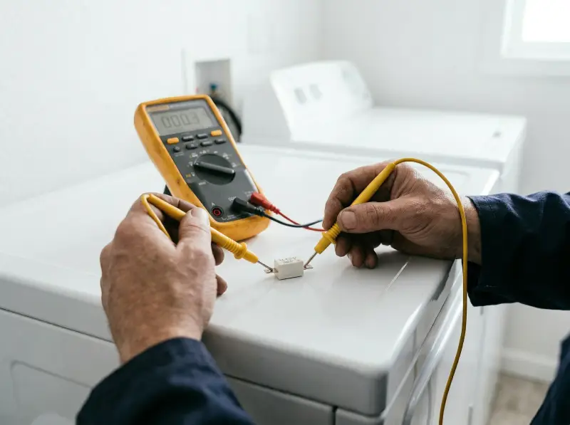 Technician testing LG dryer thermal fuse with multimeter for continuity
