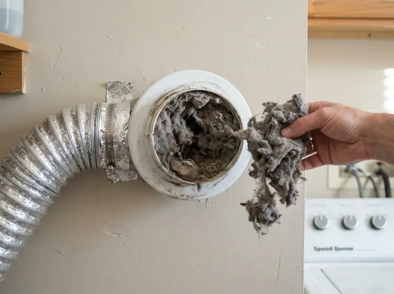 Clogged dryer exhaust vent with lint blockage — primary cause of thermal fuse failure