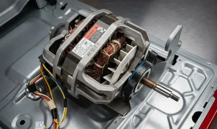 Technician showing client worn drum roller during LG dryer diagnosis