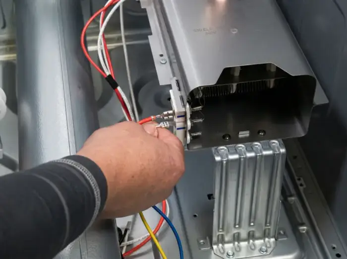 Technician testing LG dryer heating element with multimeter