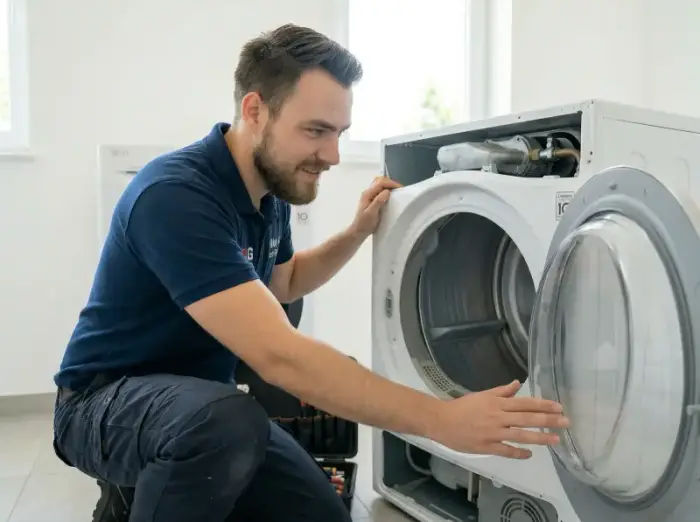 Hand spinning LG dryer drum freely through open door — diagnostic test