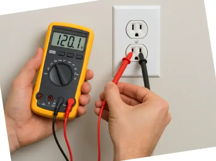 Technician testing dryer electrical outlet with multimeter — 240V supply check