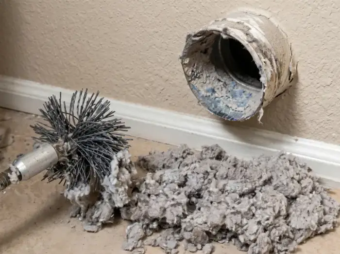 Clogged dryer exhaust duct interior — heavy lint buildup blocking airflow