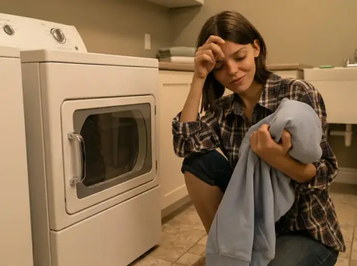 Damp clothes after full dryer cycle — classic thermal fuse failure symptom